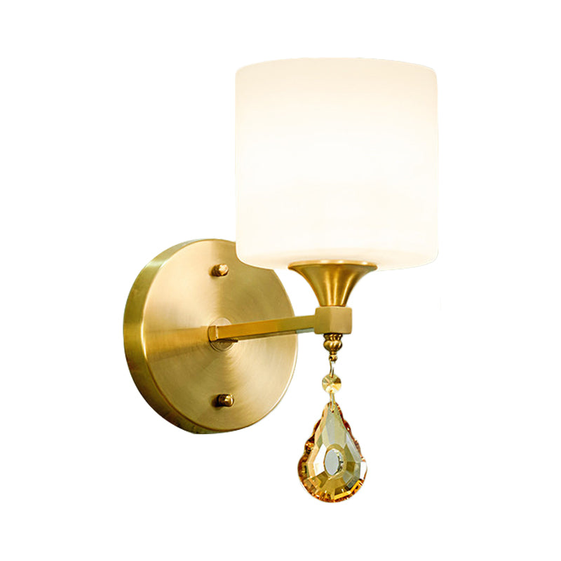 Skørter | Drum Shade Corridor Wall Light Modern Style Milk Glass 1/2-Bulb Brass Finish Wall Lamp with Amber Crystal Draping