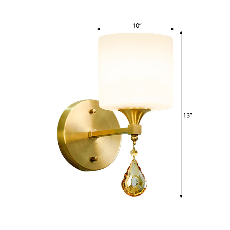 Skørter | Drum Shade Corridor Wall Light Modern Style Milk Glass 1/2-Bulb Brass Finish Wall Lamp with Amber Crystal Draping