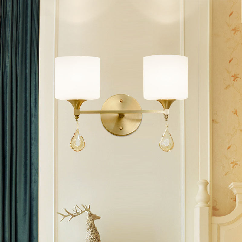 Skørter | Drum Shade Corridor Wall Light Modern Style Milk Glass 1/2-Bulb Brass Finish Wall Lamp with Amber Crystal Draping