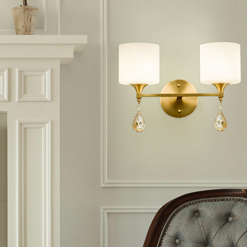 Skørter | Drum Shade Corridor Wall Light Modern Style Milk Glass 1/2-Bulb Brass Finish Wall Lamp with Amber Crystal Draping