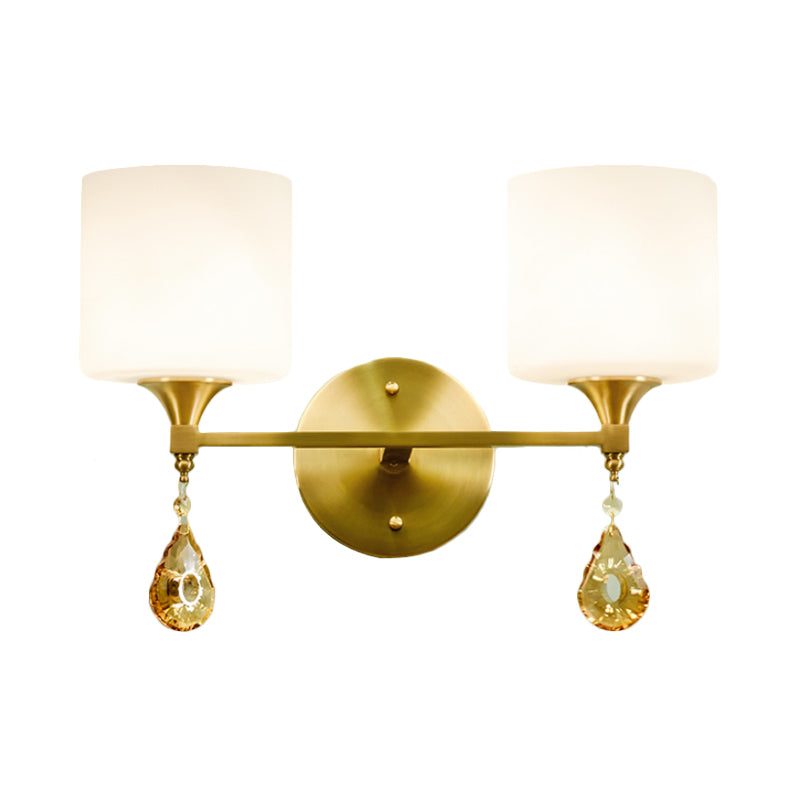 Skørter | Drum Shade Corridor Wall Light Modern Style Milk Glass 1/2-Bulb Brass Finish Wall Lamp with Amber Crystal Draping