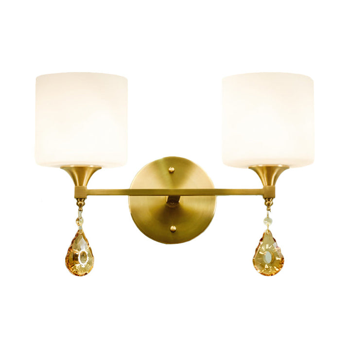 Skørter | Drum Shade Corridor Wall Light Modern Style Milk Glass 1/2-Bulb Brass Finish Wall Lamp with Amber Crystal Draping