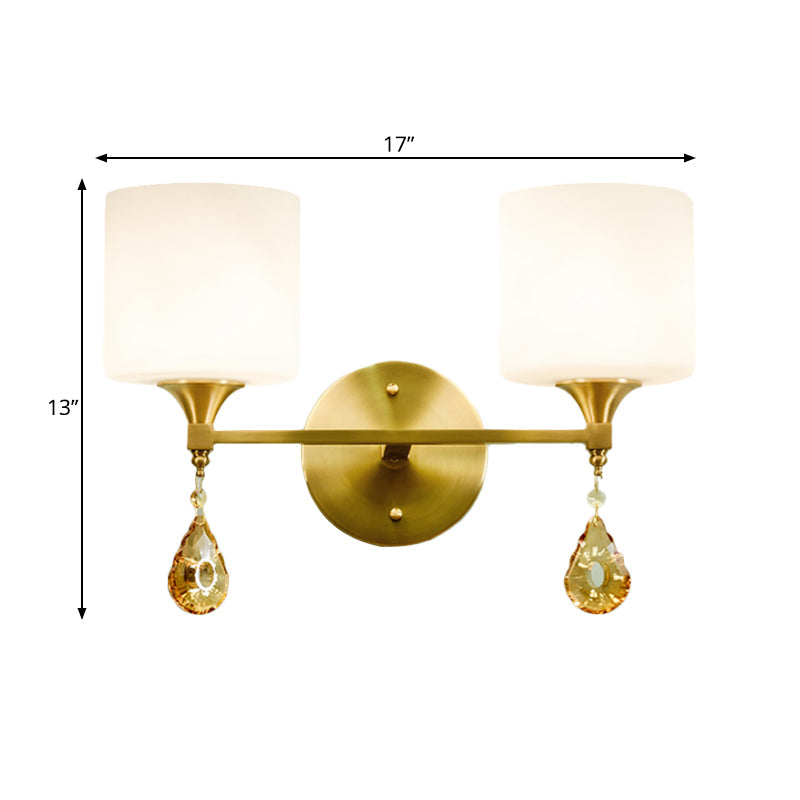 Skørter | Drum Shade Corridor Wall Light Modern Style Milk Glass 1/2-Bulb Brass Finish Wall Lamp with Amber Crystal Draping