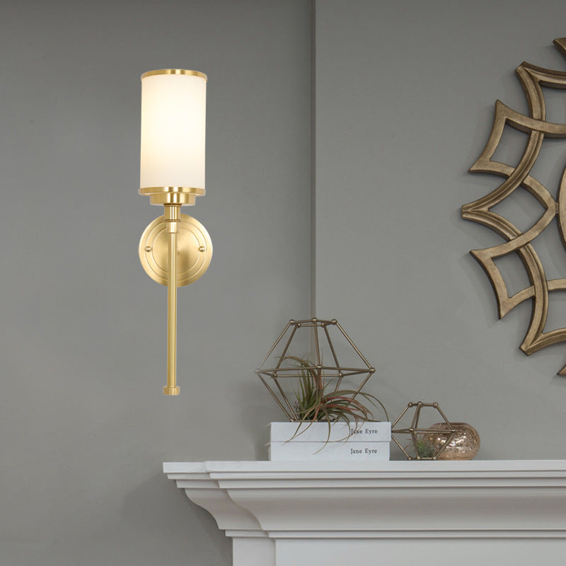 Skørter | Brass-Finish 1/2-Bulb Wall Light Modernism Style Matt Glass Cylindrical Wall Mount Light with Pencil Arm