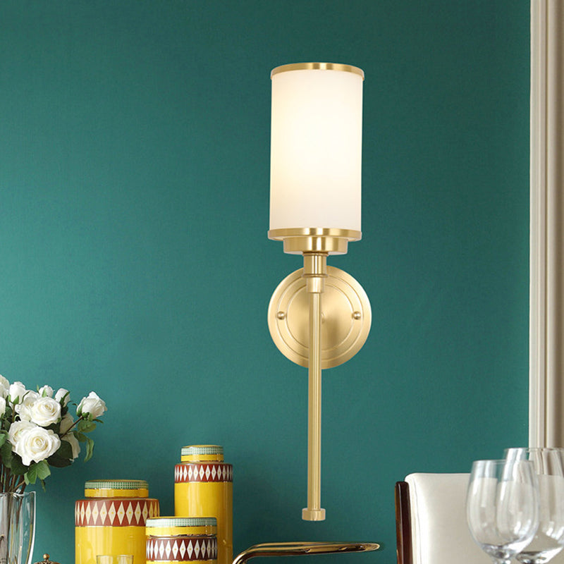 Skørter | Brass-Finish 1/2-Bulb Wall Light Modernism Style Matt Glass Cylindrical Wall Mount Light with Pencil Arm