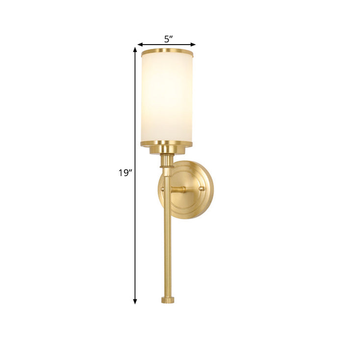 Skørter | Brass-Finish 1/2-Bulb Wall Light Modernism Style Matt Glass Cylindrical Wall Mount Light with Pencil Arm