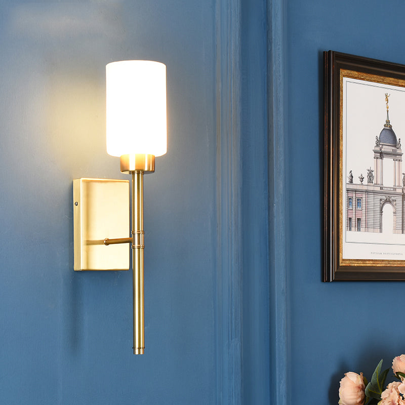 Skørter | Cylinder Bedroom Wall Lamp Wall Light in Modernist Style with White Glass 1/2-Head Brass Finish Wall Light with Pencil Arm