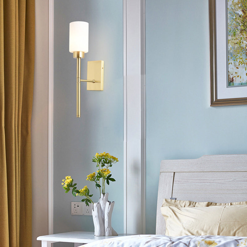 Skørter | Cylinder Bedroom Wall Lamp Wall Light in Modernist Style with White Glass 1/2-Head Brass Finish Wall Light with Pencil Arm