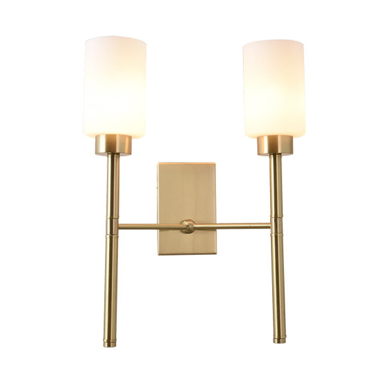 Skørter | Cylinder Bedroom Wall Lamp Wall Light in Modernist Style with White Glass 1/2-Head Brass Finish Wall Light with Pencil Arm