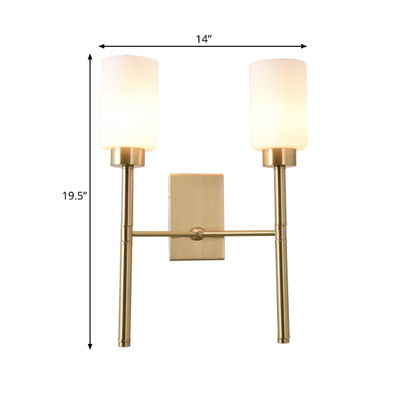 Skørter | Cylinder Bedroom Wall Lamp Wall Light in Modernist Style with White Glass 1/2-Head Brass Finish Wall Light with Pencil Arm