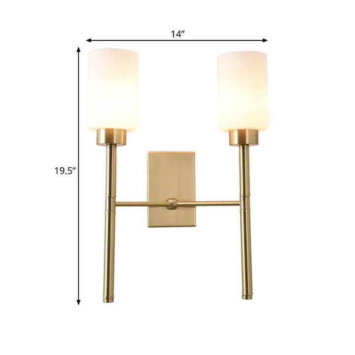 Skørter | Cylinder Bedroom Wall Lamp Wall Light in Modernist Style with White Glass 1/2-Head Brass Finish Wall Light with Pencil Arm