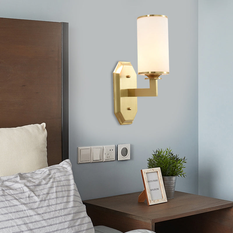 Skørter | 1/2-Head Wall Mount Lighting Modern Stylish Cylindrical Shade Frosted White Opal Wall Lamp in Brass