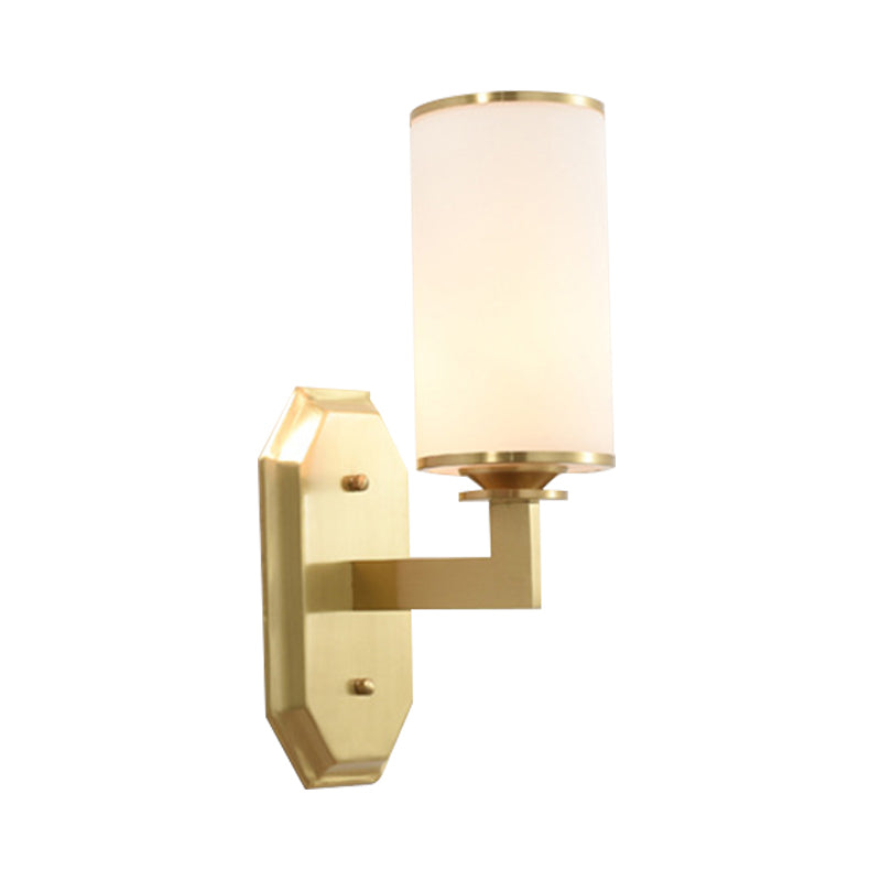 Skørter | 1/2-Head Wall Mount Lighting Modern Stylish Cylindrical Shade Frosted White Opal Wall Lamp in Brass