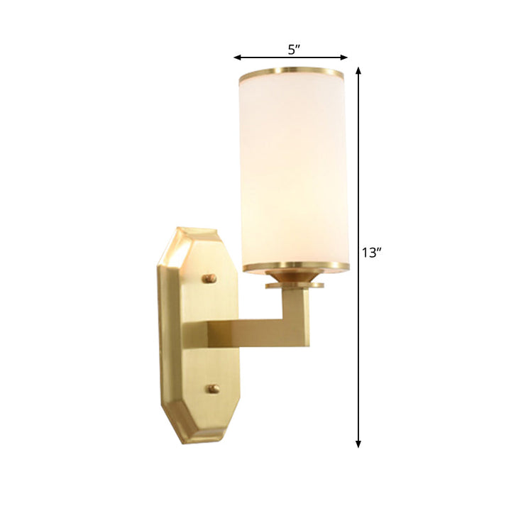 Skørter | 1/2-Head Wall Mount Lighting Modern Stylish Cylindrical Shade Frosted White Opal Wall Lamp in Brass