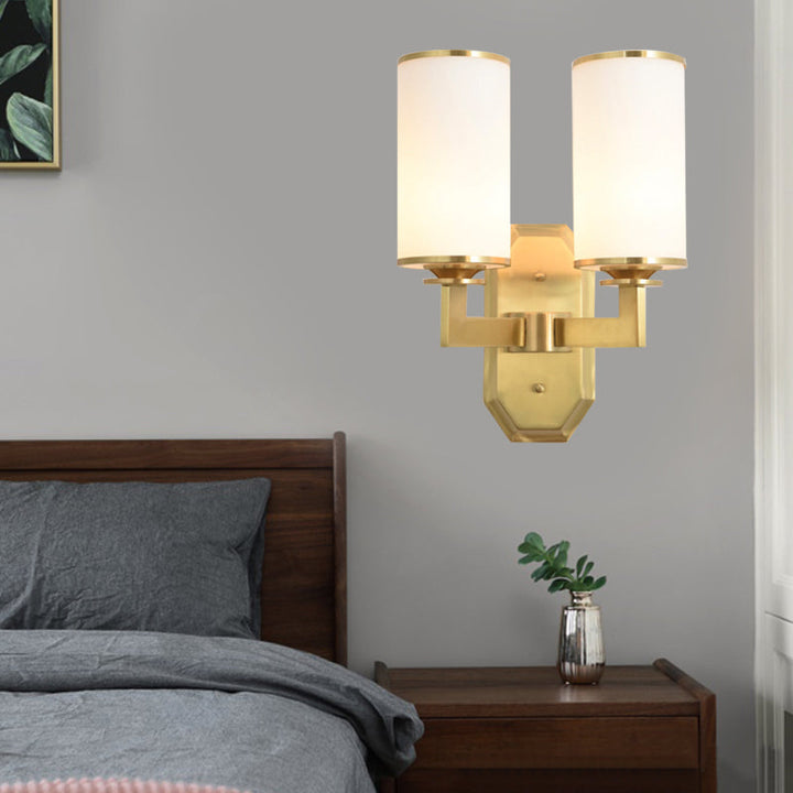 Skørter | 1/2-Head Wall Mount Lighting Modern Stylish Cylindrical Shade Frosted White Opal Wall Lamp in Brass