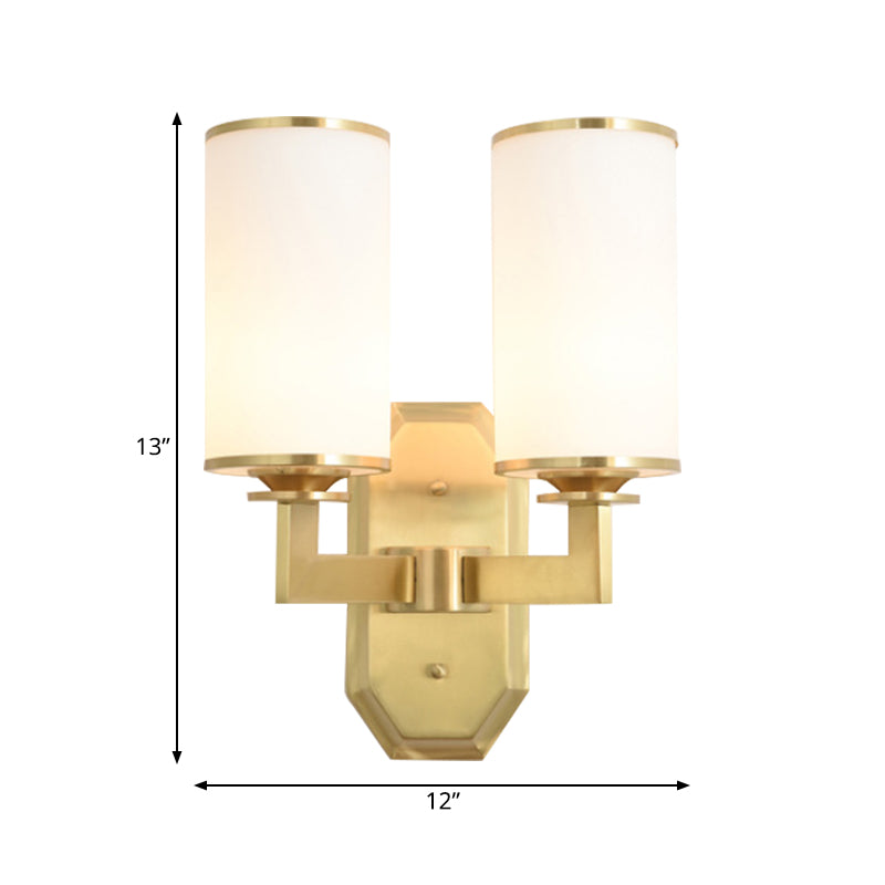 Skørter | 1/2-Head Wall Mount Lighting Modern Stylish Cylindrical Shade Frosted White Opal Wall Lamp in Brass