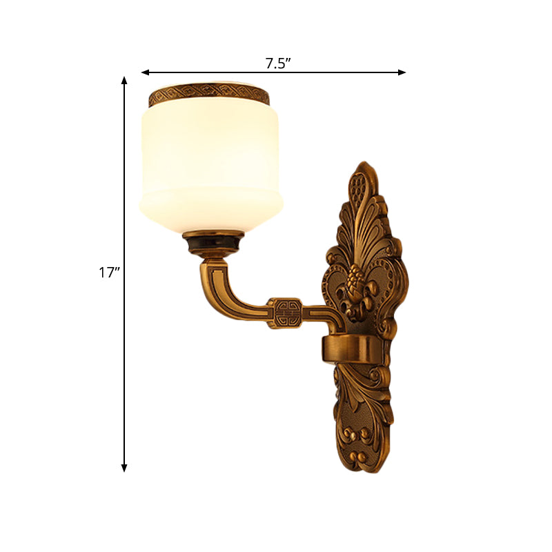 Skørter | 1/2-Light Wall Mount Lighting Vintage Style Drum Shade White Glass Wall Lamp in Brass