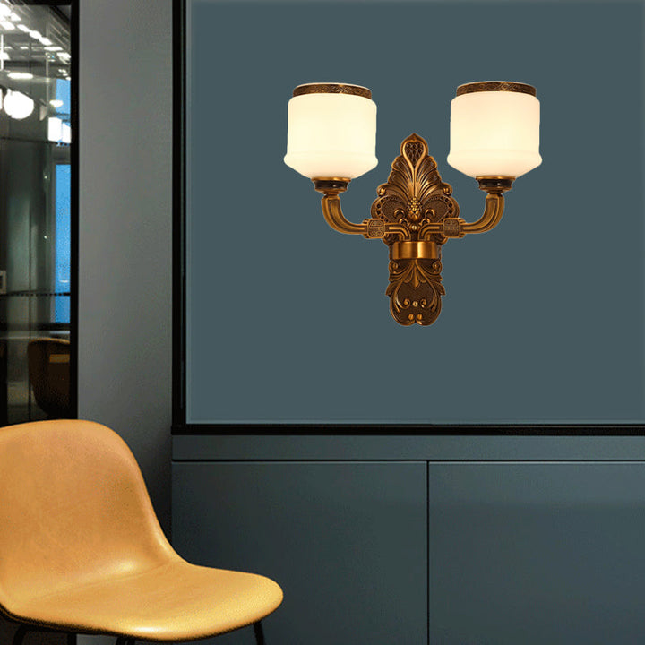 Skørter | 1/2-Light Wall Mount Lighting Vintage Style Drum Shade White Glass Wall Lamp in Brass