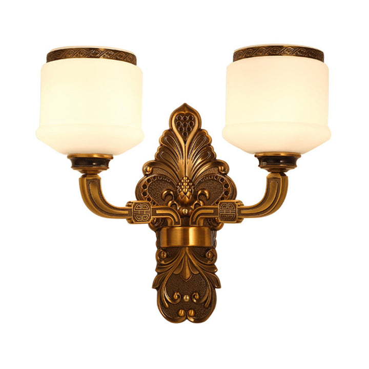 Skørter | 1/2-Light Wall Mount Lighting Vintage Style Drum Shade White Glass Wall Lamp in Brass