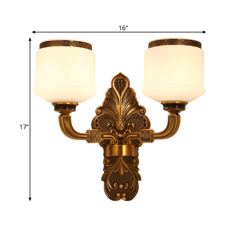 Skørter | 1/2-Light Wall Mount Lighting Vintage Style Drum Shade White Glass Wall Lamp in Brass