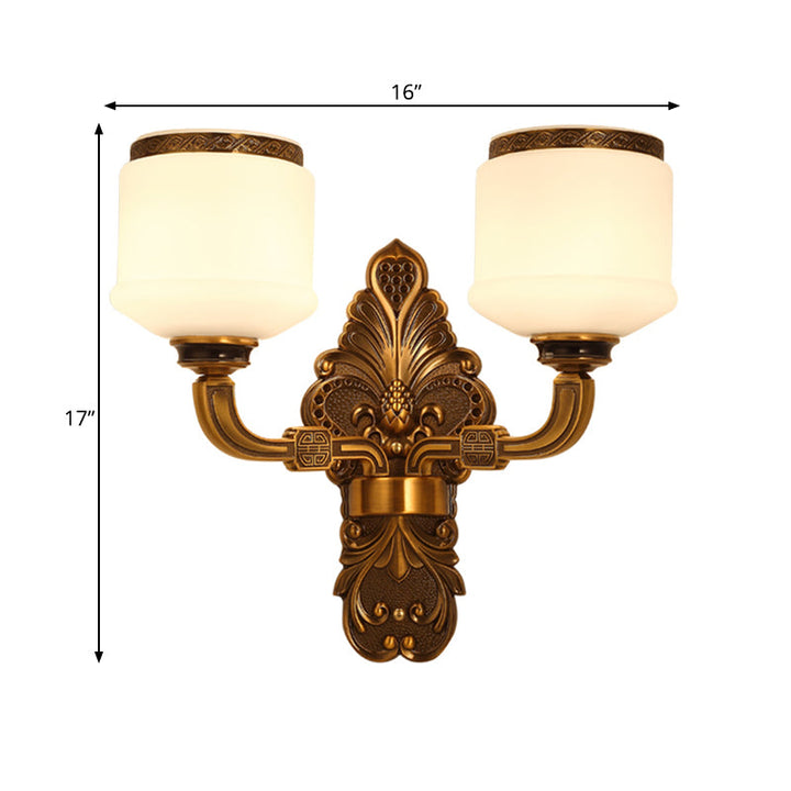 Skørter | 1/2-Light Wall Mount Lighting Vintage Style Drum Shade White Glass Wall Lamp in Brass