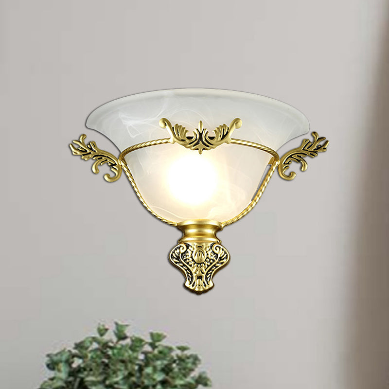 Skørter | Bell Wall Lamp Colonial 1 Head White Glass Wall Lighting Fixture with Silver/Brass Carved Metal Decor for Hallway