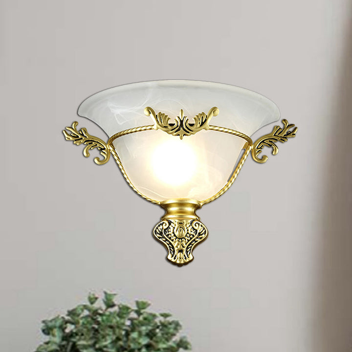 Skørter | Bell Wall Lamp Colonial 1 Head White Glass Wall Lighting Fixture with Silver/Brass Carved Metal Decor for Hallway