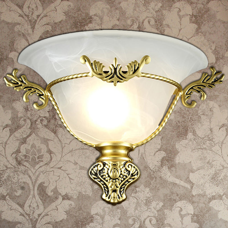 Skørter | Bell Wall Lamp Colonial 1 Head White Glass Wall Lighting Fixture with Silver/Brass Carved Metal Decor for Hallway