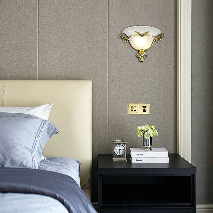 Skørter | Bell Wall Lamp Colonial 1 Head White Glass Wall Lighting Fixture with Silver/Brass Carved Metal Decor for Hallway