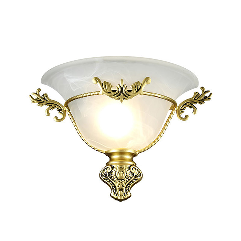 Skørter | Bell Wall Lamp Colonial 1 Head White Glass Wall Lighting Fixture with Silver/Brass Carved Metal Decor for Hallway