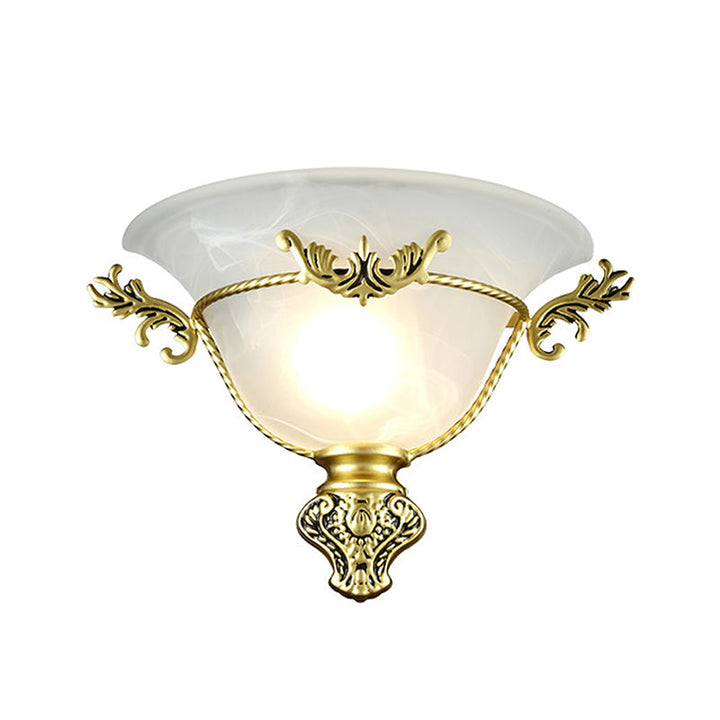 Skørter | Bell Wall Lamp Colonial 1 Head White Glass Wall Lighting Fixture with Silver/Brass Carved Metal Decor for Hallway