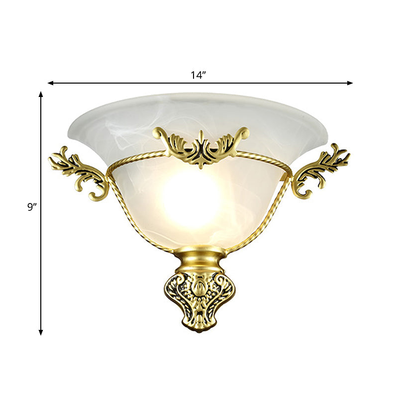 Skørter | Bell Wall Lamp Colonial 1 Head White Glass Wall Lighting Fixture with Silver/Brass Carved Metal Decor for Hallway