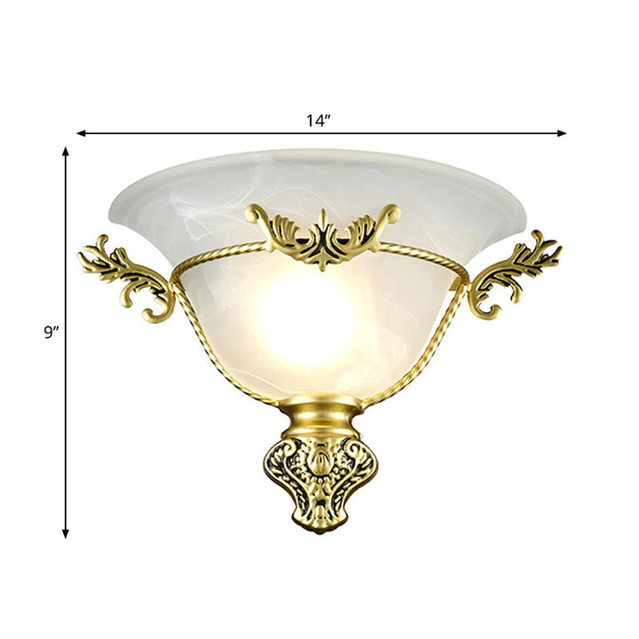 Skørter | Bell Wall Lamp Colonial 1 Head White Glass Wall Lighting Fixture with Silver/Brass Carved Metal Decor for Hallway