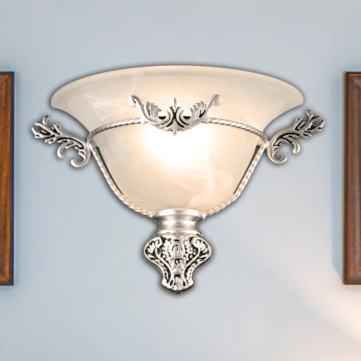 Skørter | Bell Wall Lamp Colonial 1 Head White Glass Wall Lighting Fixture with Silver/Brass Carved Metal Decor for Hallway