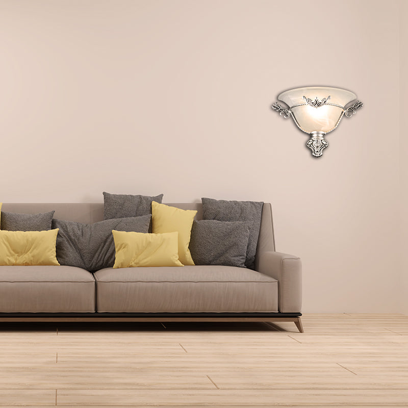 Skørter | Bell Wall Lamp Colonial 1 Head White Glass Wall Lighting Fixture with Silver/Brass Carved Metal Decor for Hallway