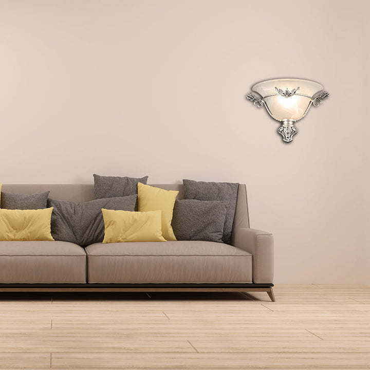 Skørter | Bell Wall Lamp Colonial 1 Head White Glass Wall Lighting Fixture with Silver/Brass Carved Metal Decor for Hallway