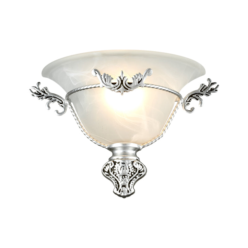 Skørter | Bell Wall Lamp Colonial 1 Head White Glass Wall Lighting Fixture with Silver/Brass Carved Metal Decor for Hallway