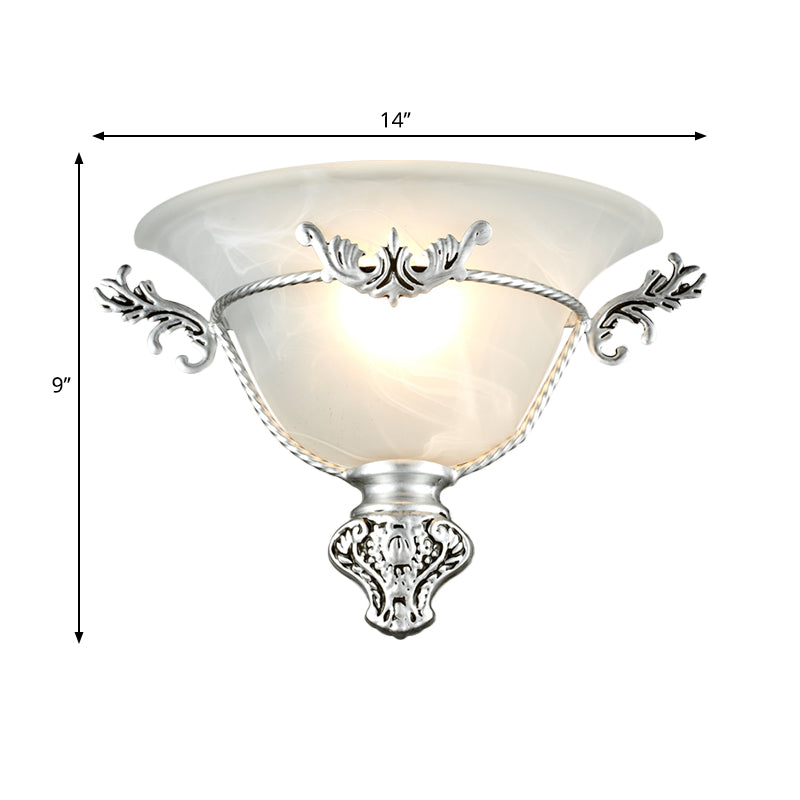 Skørter | Bell Wall Lamp Colonial 1 Head White Glass Wall Lighting Fixture with Silver/Brass Carved Metal Decor for Hallway