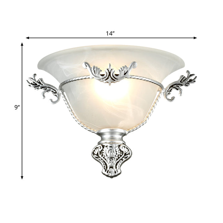 Skørter | Bell Wall Lamp Colonial 1 Head White Glass Wall Lighting Fixture with Silver/Brass Carved Metal Decor for Hallway