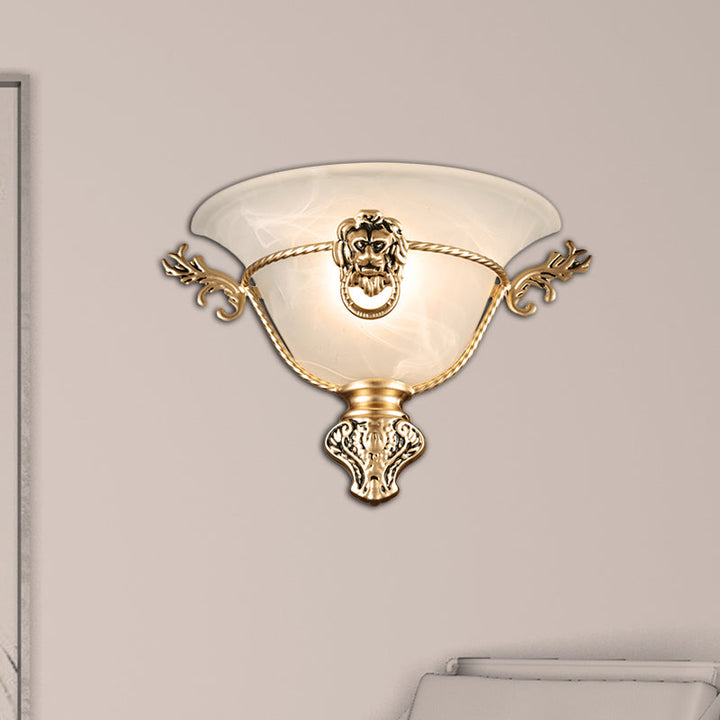 Skørter | 1 Bulb Trumpet Wall Lamp Colonial Opal Glass Wall Light with Copper/Brass Lion Metal Decor for Nightstand