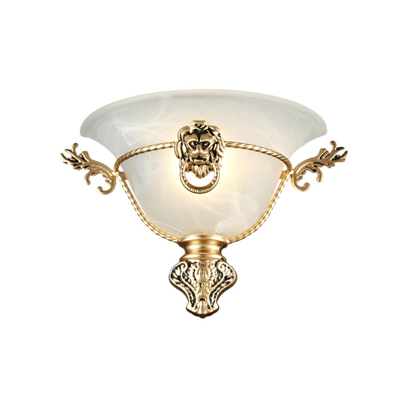Skørter | 1 Bulb Trumpet Wall Lamp Colonial Opal Glass Wall Light with Copper/Brass Lion Metal Decor for Nightstand