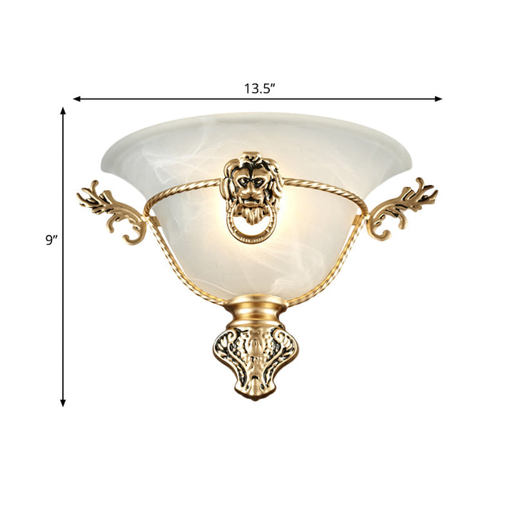 Skørter | 1 Bulb Trumpet Wall Lamp Colonial Opal Glass Wall Light with Copper/Brass Lion Metal Decor for Nightstand