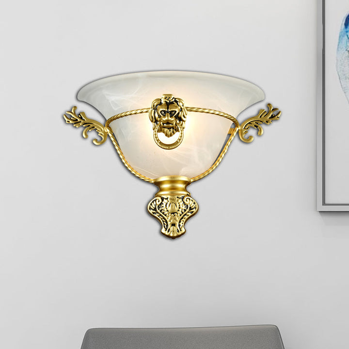 Skørter | 1 Bulb Trumpet Wall Lamp Colonial Opal Glass Wall Light with Copper/Brass Lion Metal Decor for Nightstand