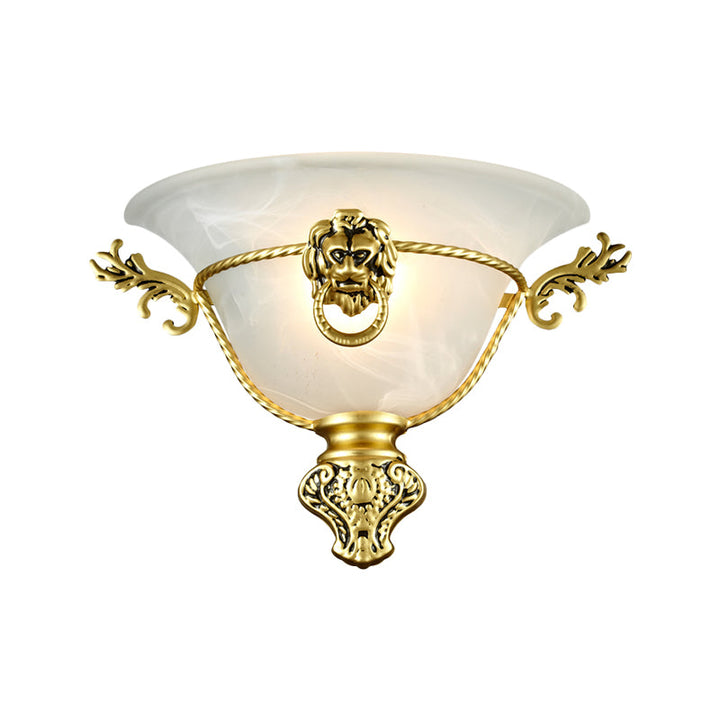 Skørter | 1 Bulb Trumpet Wall Lamp Colonial Opal Glass Wall Light with Copper/Brass Lion Metal Decor for Nightstand