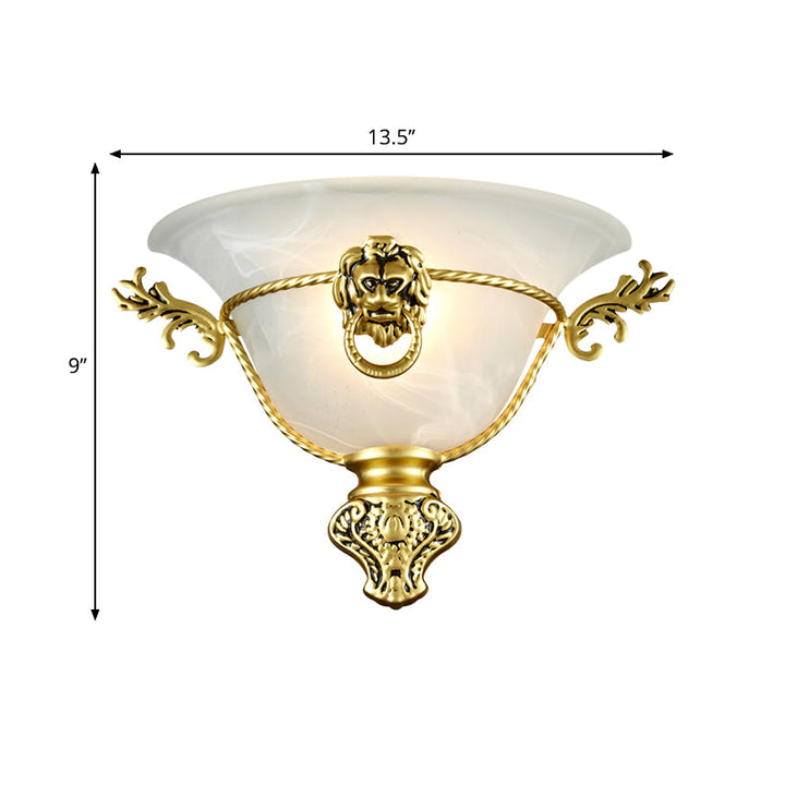 Skørter | 1 Bulb Trumpet Wall Lamp Colonial Opal Glass Wall Light with Copper/Brass Lion Metal Decor for Nightstand