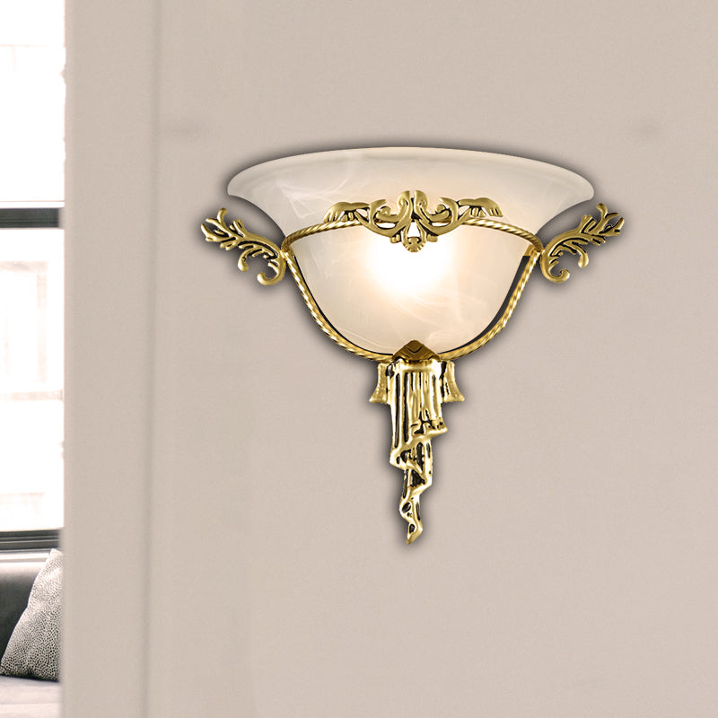 Skørter | Colony Woven Wall Lamp Metal 1 Bulb Wall Mounted Lighting Fixture in Copper/Brass with Flared Milk Glass Shade