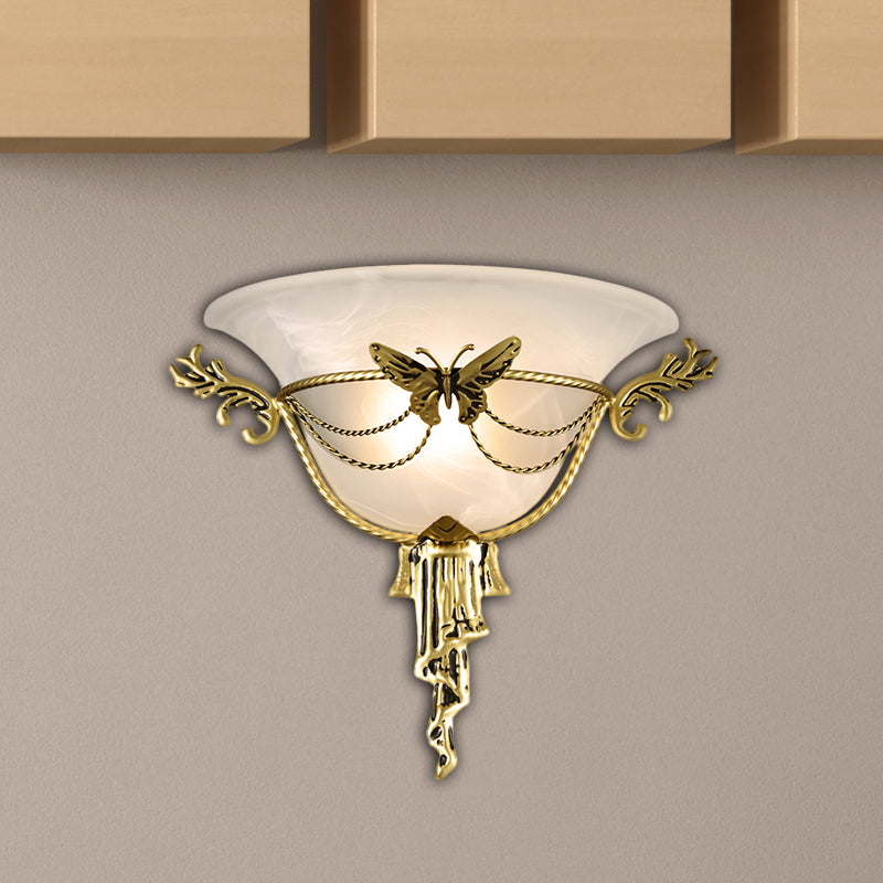 Skørter | Trumpet Flare Wall Lamp Colonization Milk Glass 1 Lamp Wall Mounted Lamp with Brass Metal Butterfly Deco