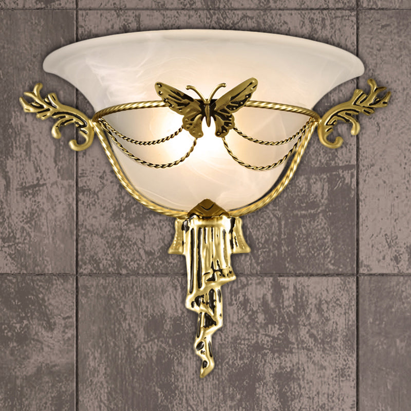 Skørter | Trumpet Flare Wall Lamp Colonization Milk Glass 1 Lamp Wall Mounted Lamp with Brass Metal Butterfly Deco