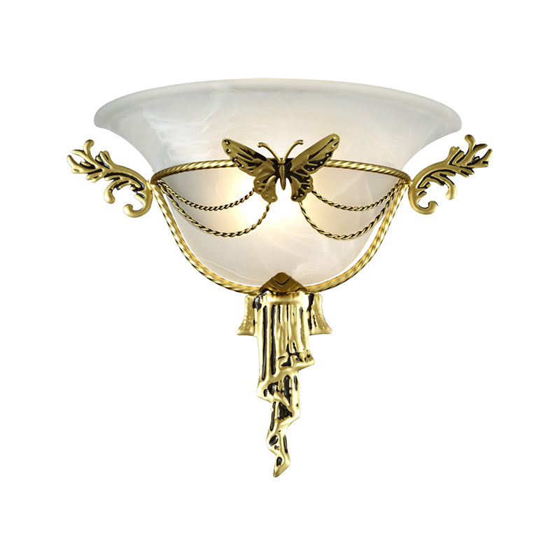 Skørter | Trumpet Flare Wall Lamp Colonization Milk Glass 1 Lamp Wall Mounted Lamp with Brass Metal Butterfly Deco