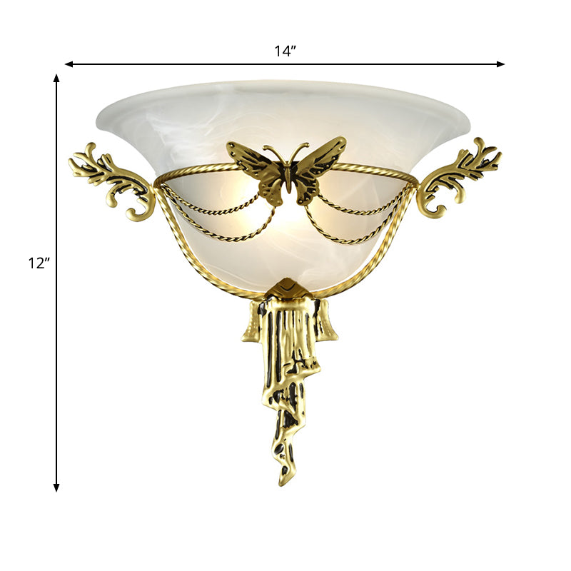 Skørter | Trumpet Flare Wall Lamp Colonization Milk Glass 1 Lamp Wall Mounted Lamp with Brass Metal Butterfly Deco